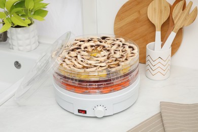 Photo of Modern dehydrator machine with vegetables in kitchen