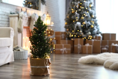 Photo of Potted Christmas tree with fairy lights in stylish room interior