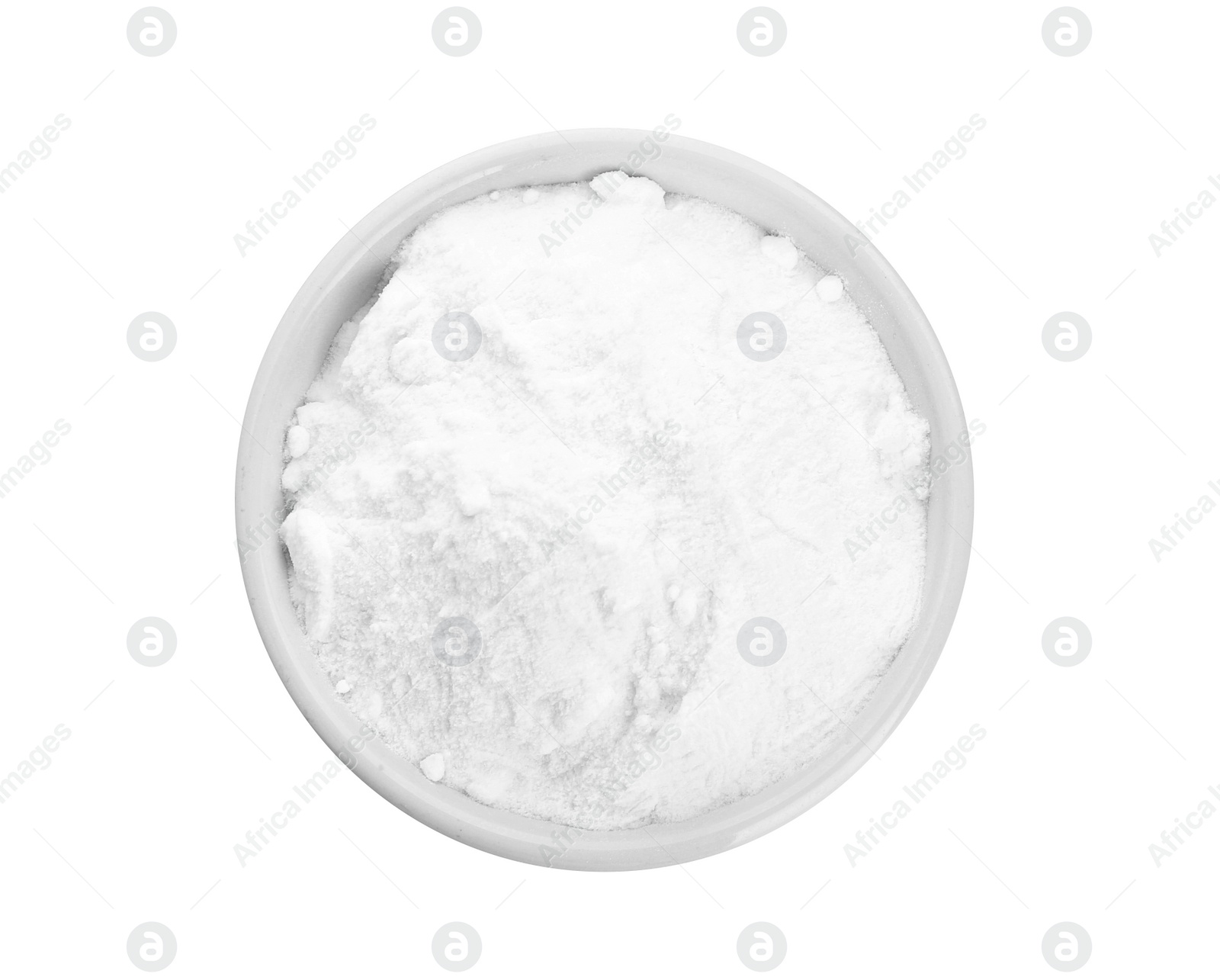 Photo of Bowl with baking soda on white background, top view