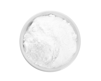 Bowl with baking soda on white background, top view