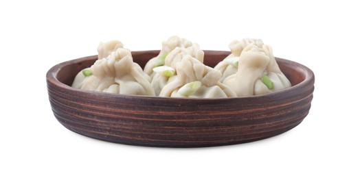 Photo of Tasty fresh khinkali (dumplings) with onion isolated on white. Georgian cuisine