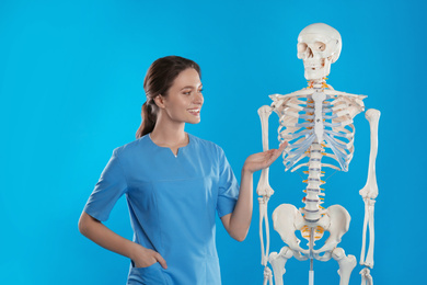 Female orthopedist with human skeleton model on blue background
