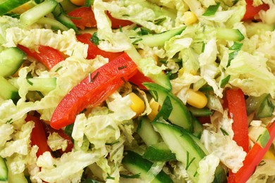 Photo of Delicious salad with Chinese cabbage, cucumber and bell pepper as background, top view