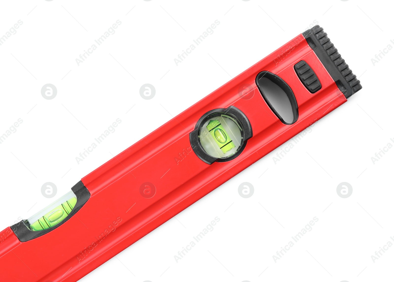 Photo of Red building level isolated on white, top view. Construction tool