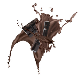 Image of Yummy melted chocolate and falling pieces on white background