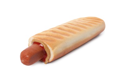 Tasty french hot dog with ketchup and mustard isolated on white