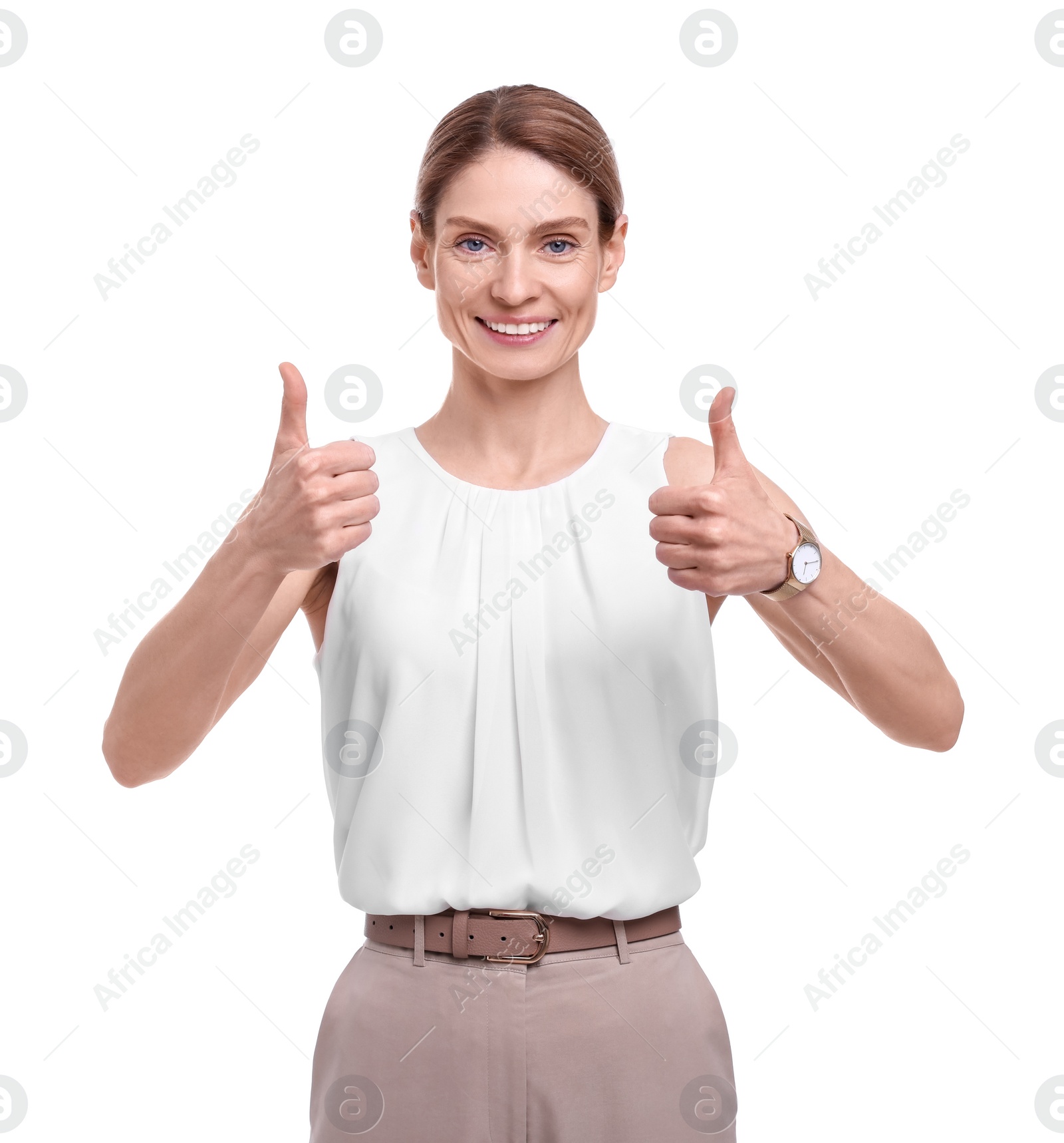 Photo of Beautiful happy businesswoman showing thumbs up on white background