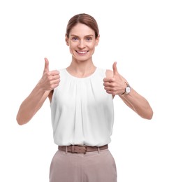 Beautiful happy businesswoman showing thumbs up on white background