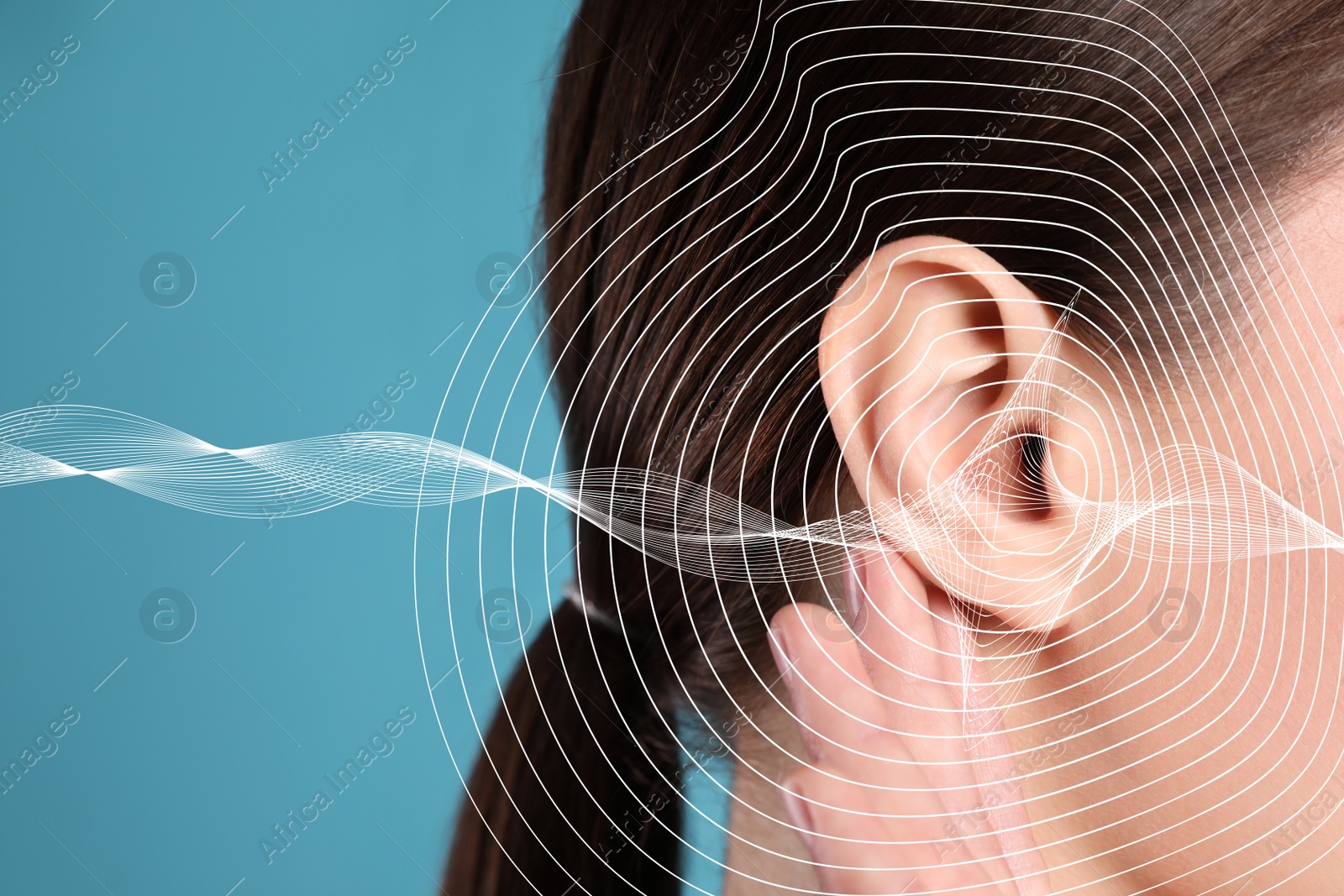 Image of Hearing loss concept. Woman and sound waves illustration on light blue background, closeup