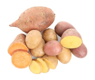 Photo of Different types of fresh potatoes on white background, top view
