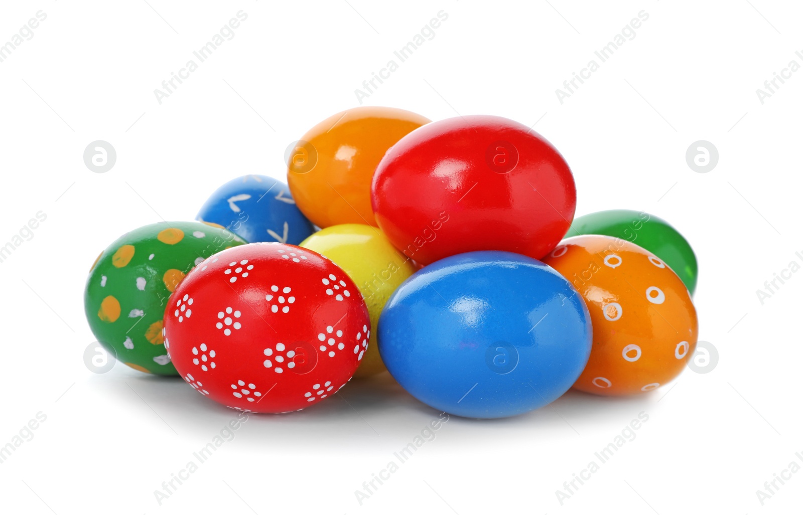 Photo of Decorated Easter eggs on white background. Festive tradition