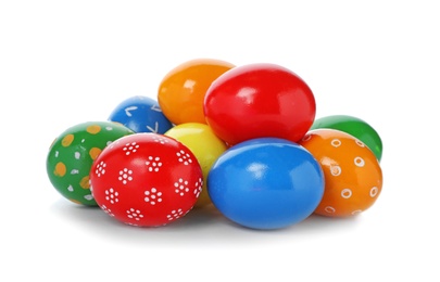 Photo of Decorated Easter eggs on white background. Festive tradition