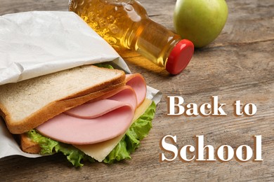 Image of Healthy food for school lunch on wooden table, closeup view