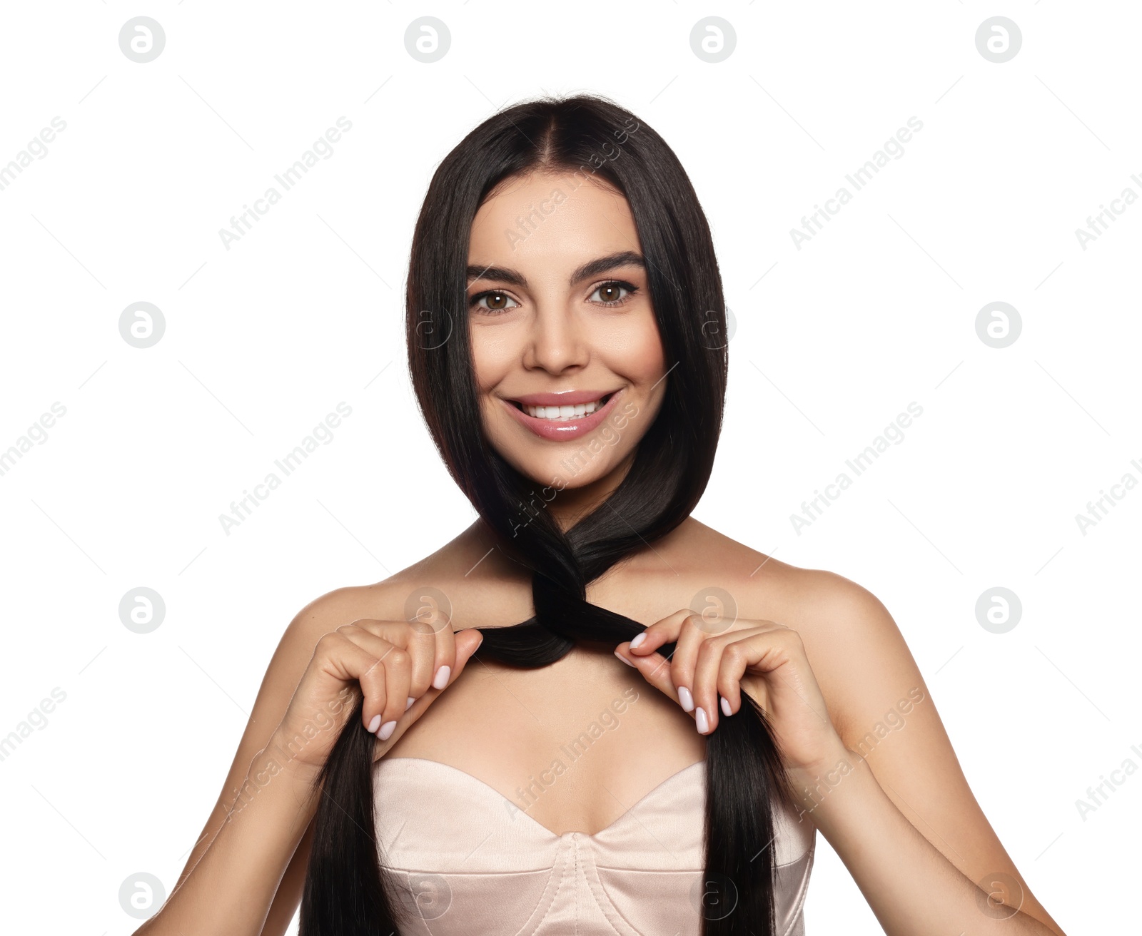 Photo of Portrait of beautiful young woman with healthy strong hair on white background