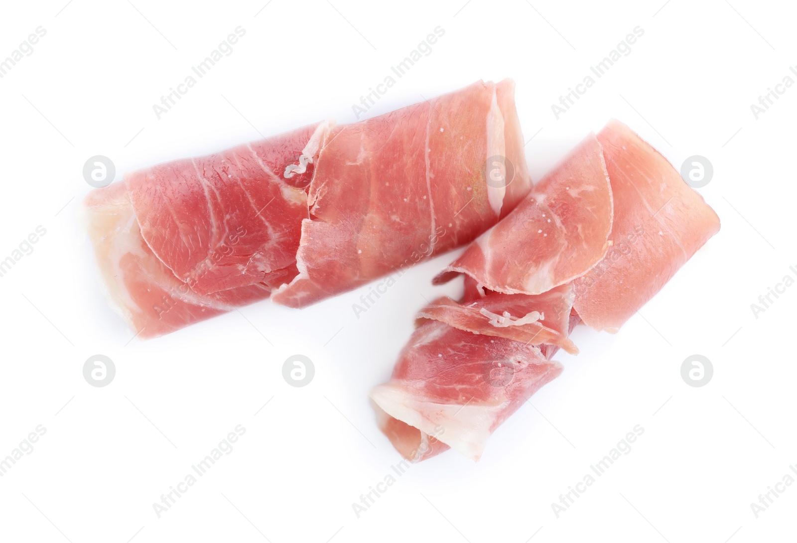 Photo of Tasty prosciutto on white background, top view