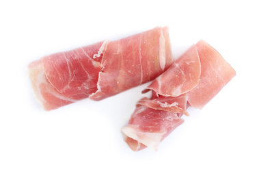 Photo of Tasty prosciutto on white background, top view