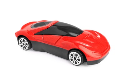 Photo of One red car isolated on white. Children`s toy