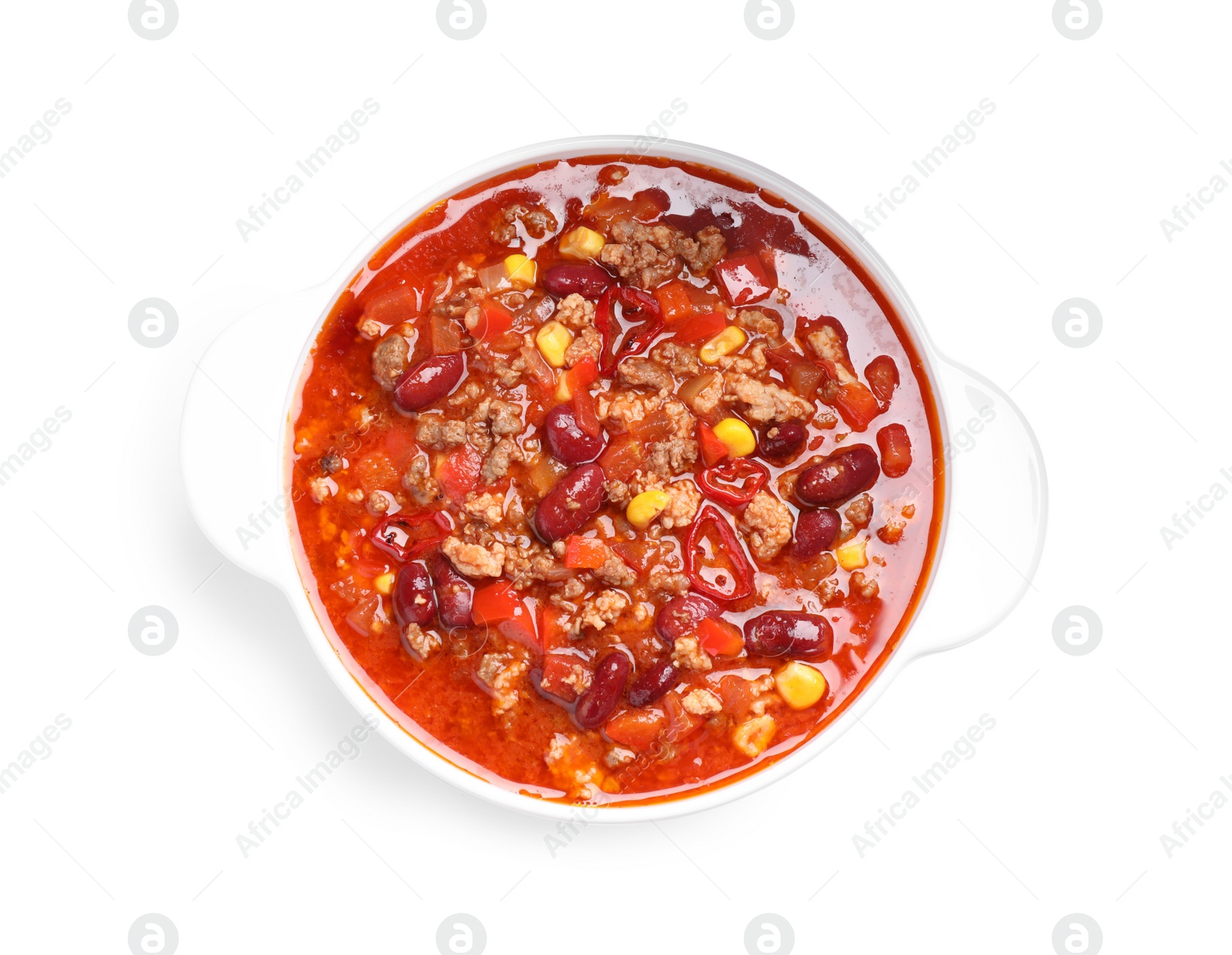 Photo of Bowl with tasty chili con carne on white background, top view