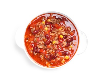 Bowl with tasty chili con carne on white background, top view