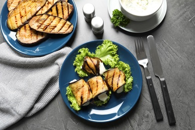 Photo of Plates with fried eggplant on table, top view