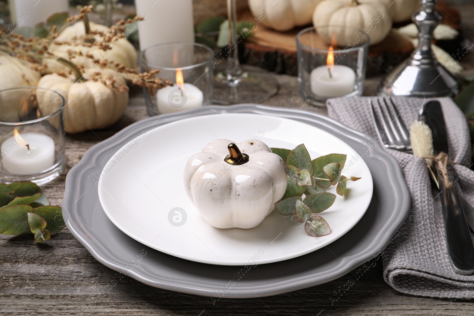 Photo of Beautiful autumn place setting and decor on wooden table