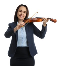 Music teacher playing violin on white background