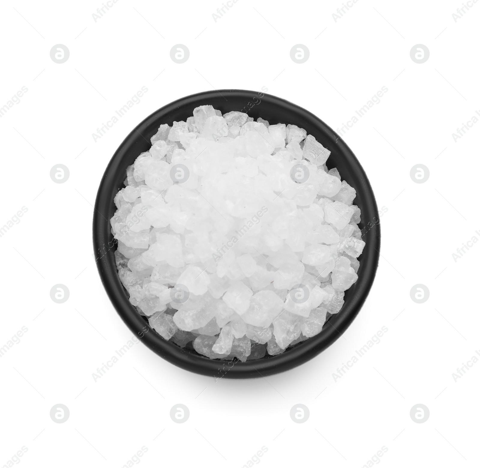 Photo of Bowl with natural sea salt isolated on white, top view