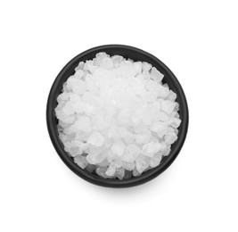 Photo of Bowl with natural sea salt isolated on white, top view