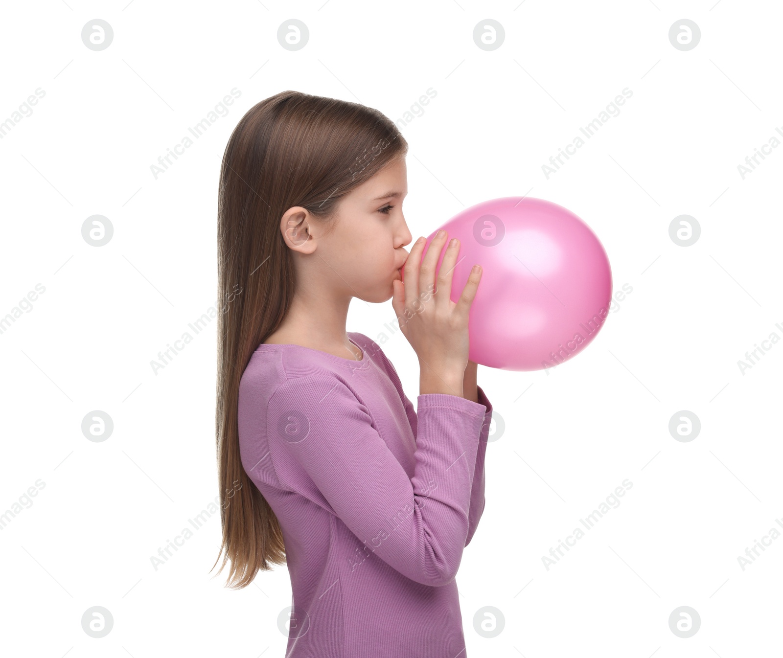 Photo of Girl inflating pink balloon on white background