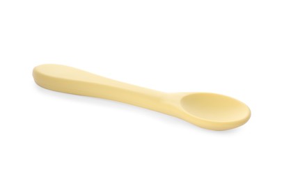 Plastic spoon isolated on white. Serving baby food