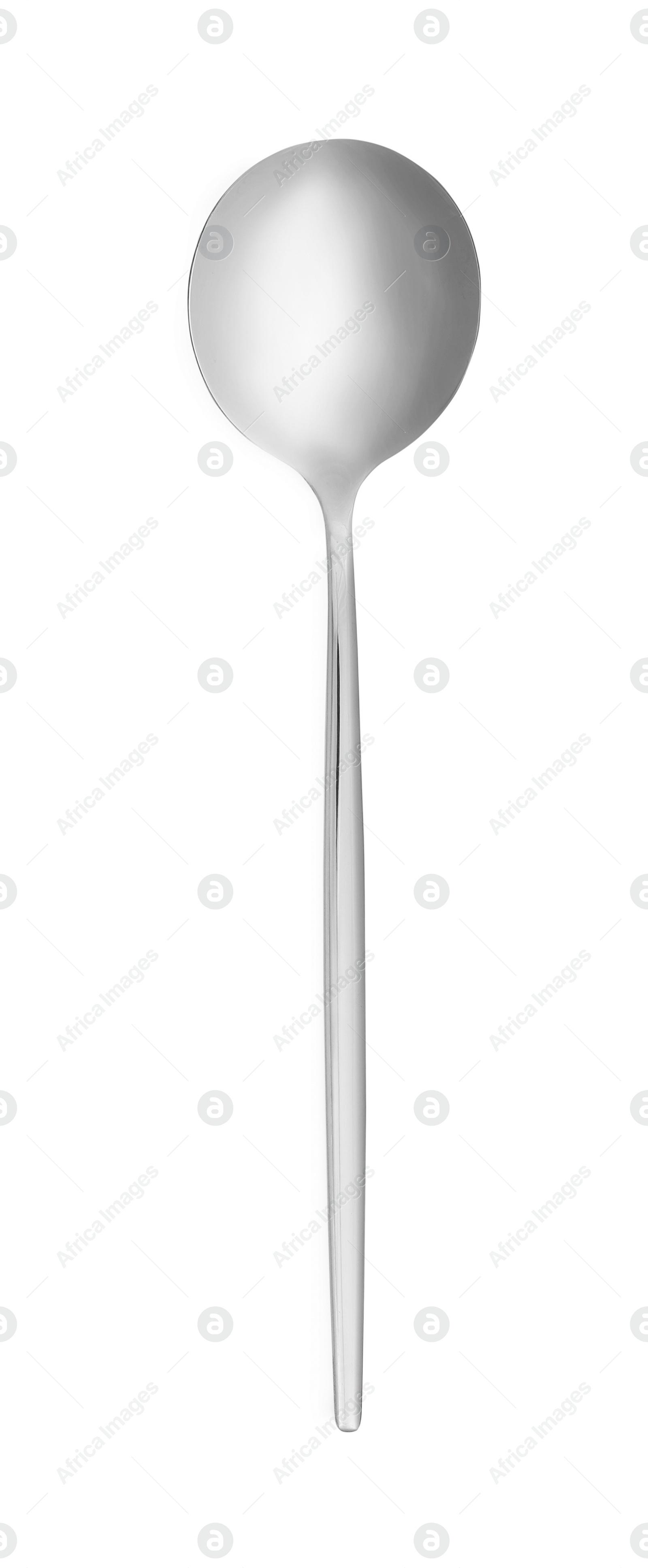 Photo of One new shiny dessert spoon isolated on white, top view