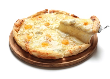 Photo of Taking piece of hot cheese pizza Margherita from board on white background