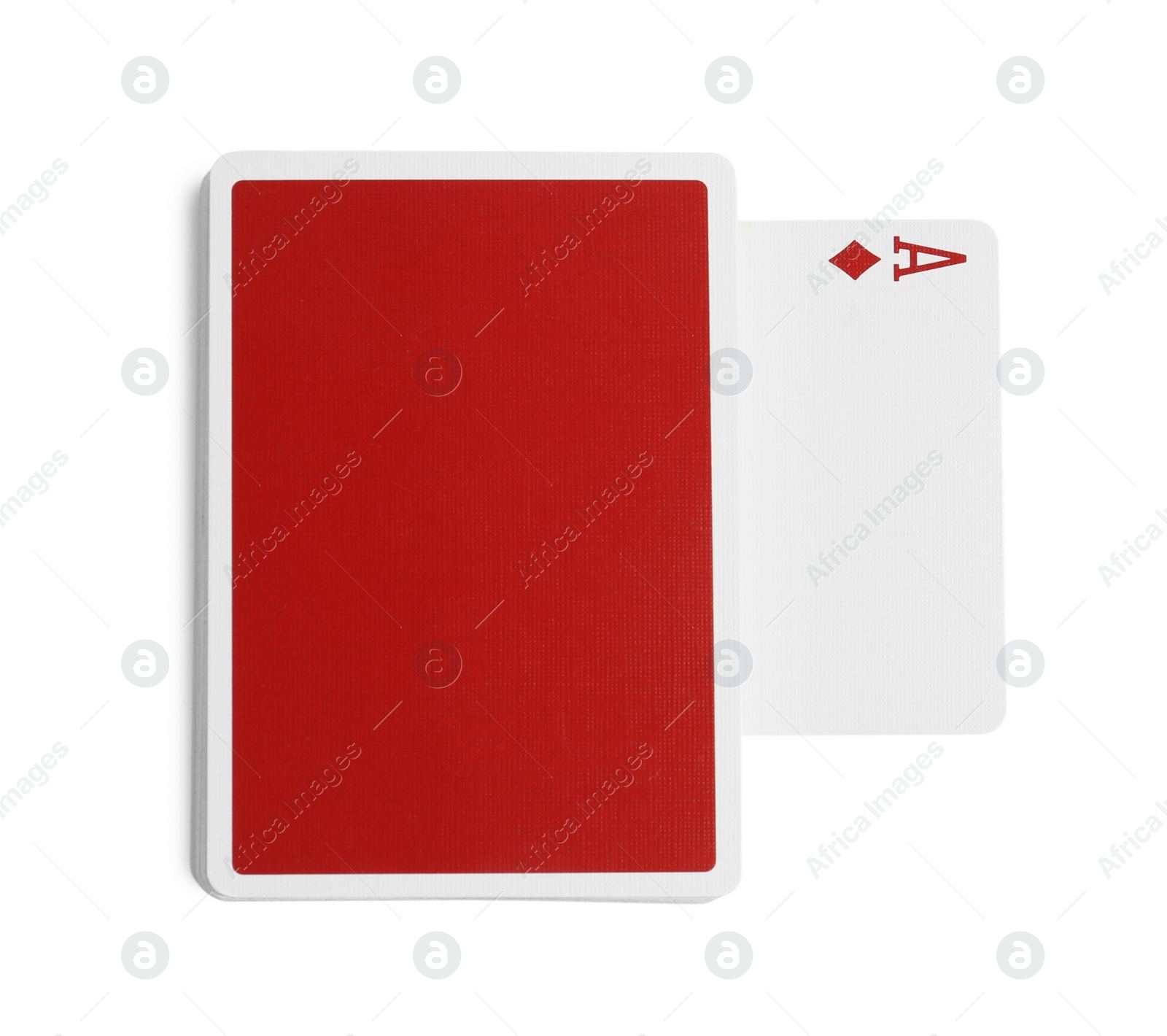 Photo of Playing cards and ace of diamonds on white background, top view