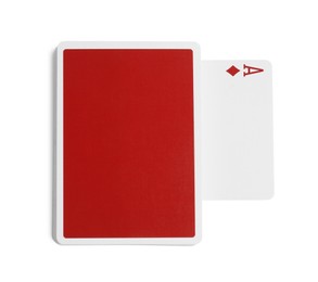 Photo of Playing cards and ace of diamonds on white background, top view