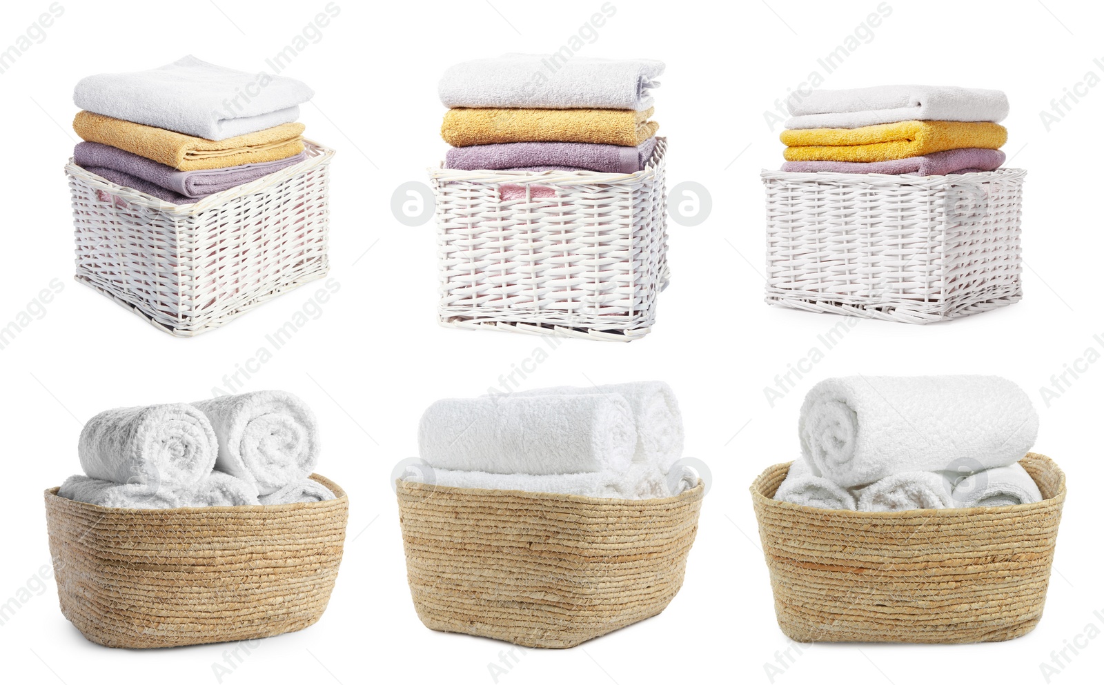 Image of Collage with laundry baskets full of clothes on white background, views from different sides