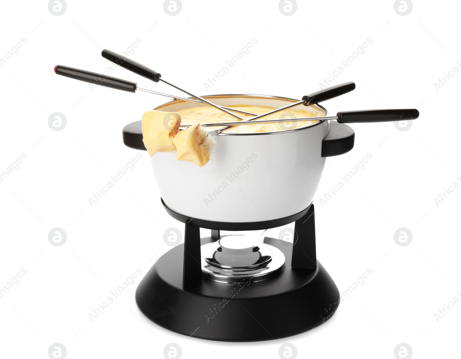 Photo of Pot of delicious cheese fondue and forks with bread on white background