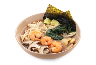 Delicious ramen with shrimps and mushrooms in bowl isolated on white. Noodle soup
