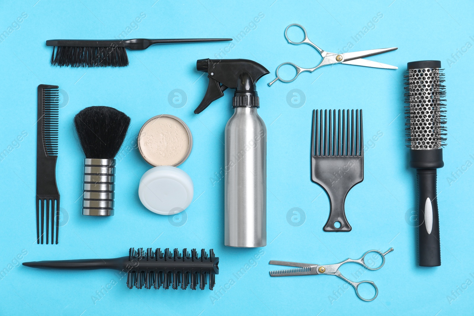 Photo of Professional hairdresser set on color background