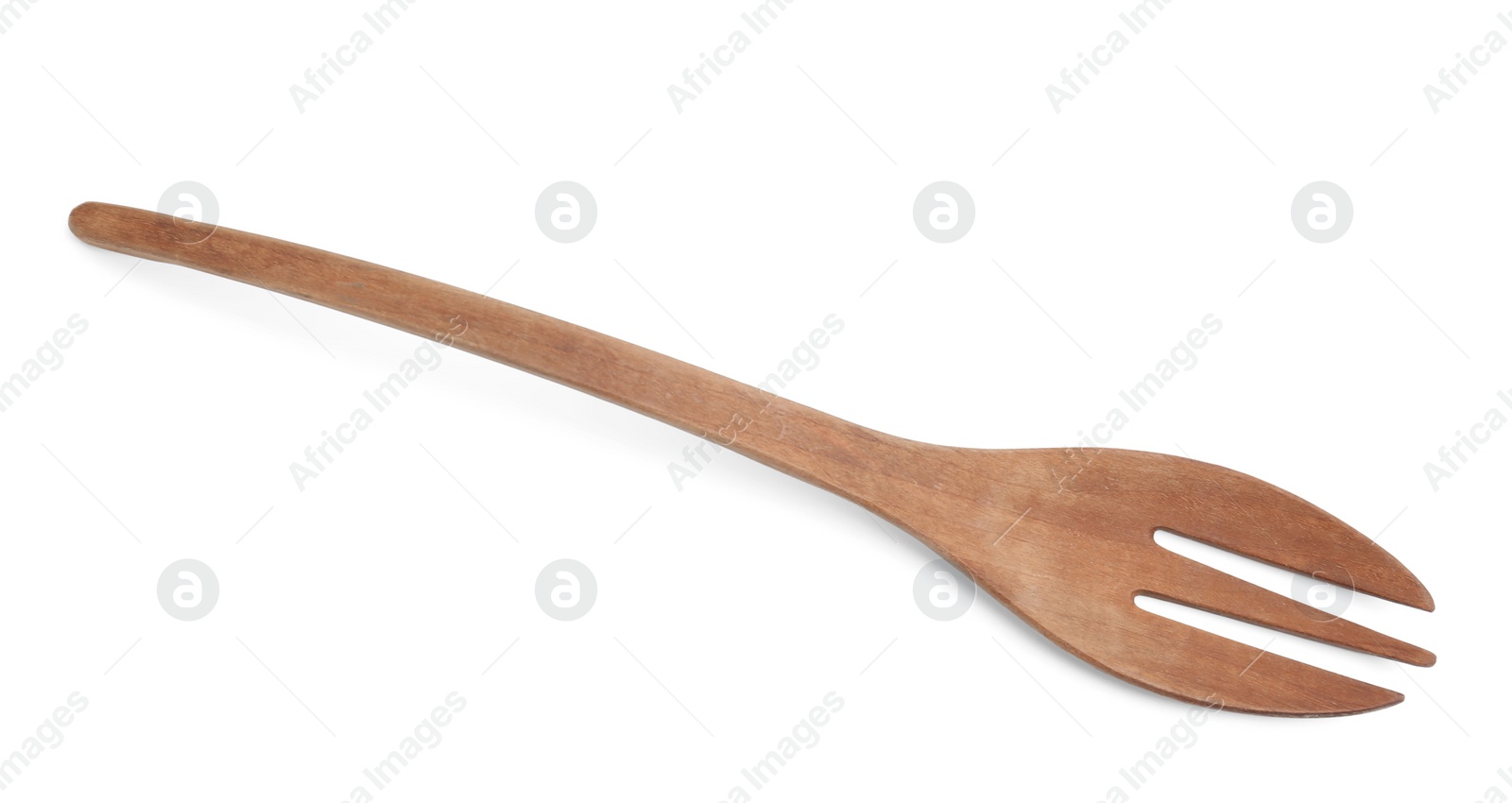 Photo of Wooden fork isolated on white, top view. Cooking utensil