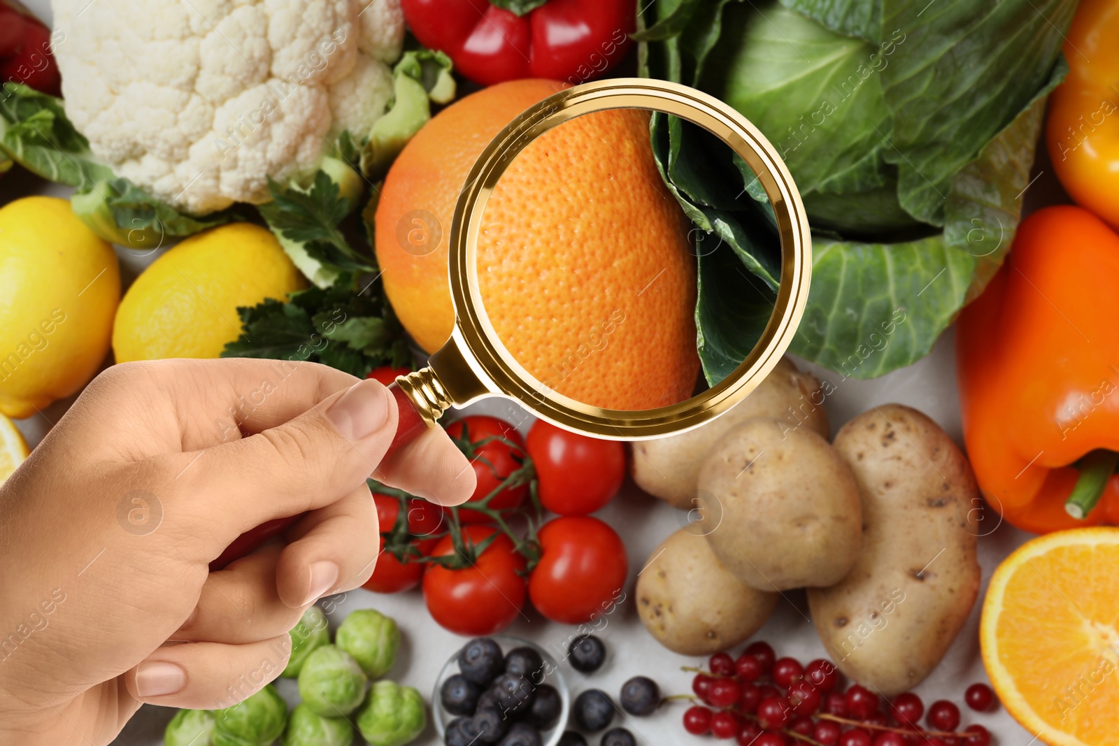 Image of Woman with magnifying glass focusing on orange, closeup. Food control 