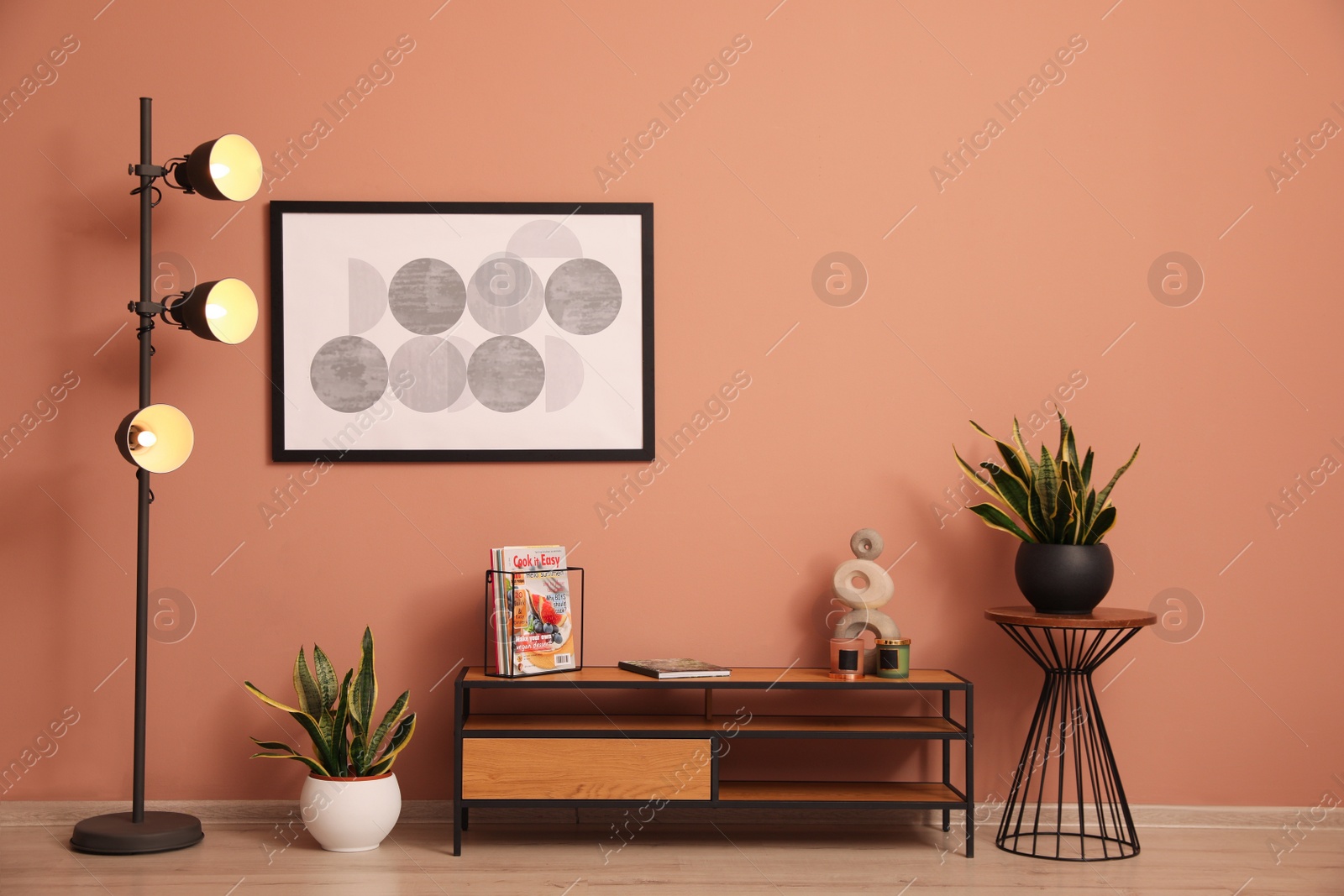 Photo of Stylish room interior with wooden cabinet, lamp and beautiful houseplants near pale pink wall