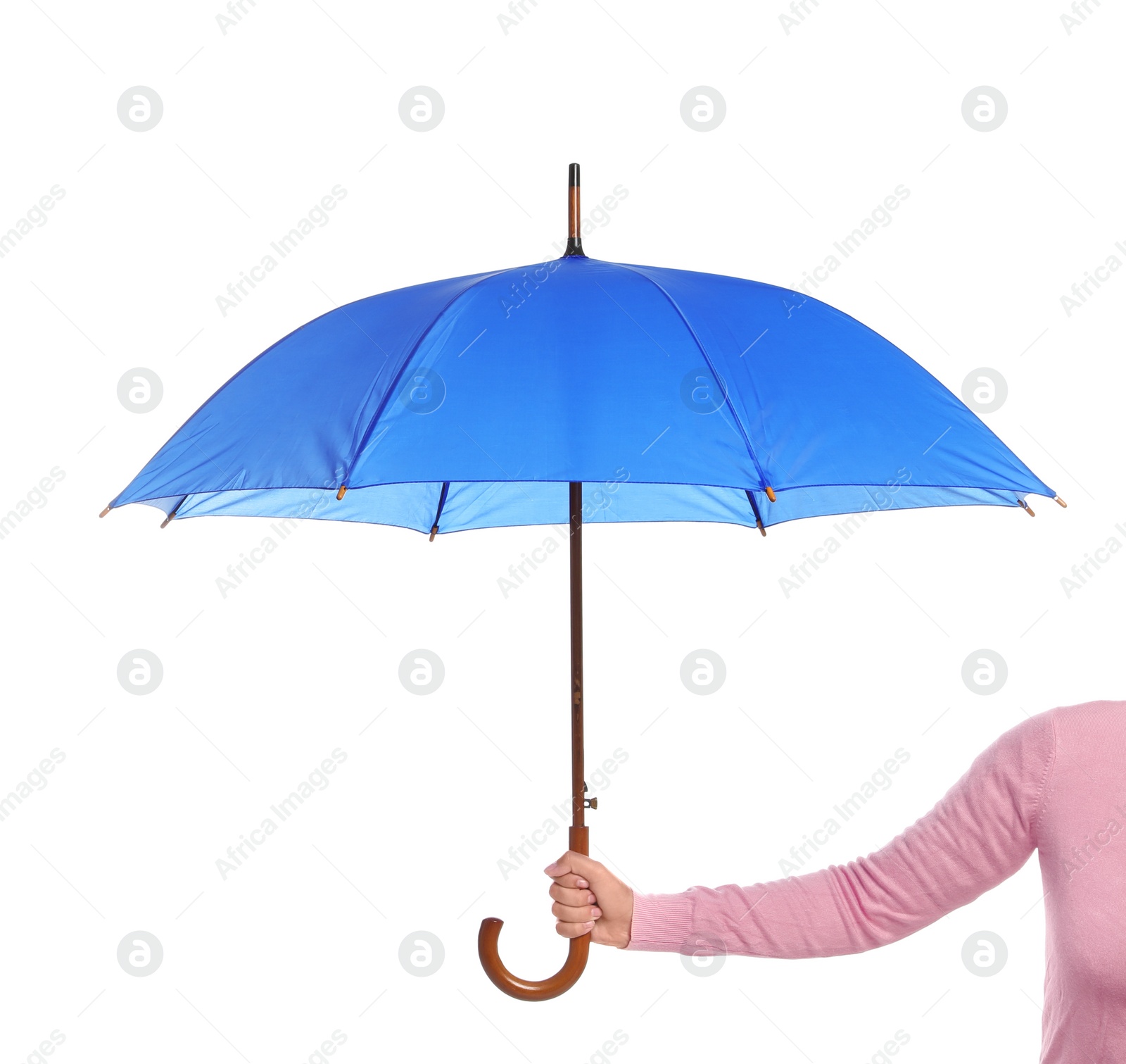 Photo of Person holding beautiful open umbrella on white background