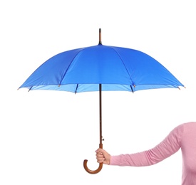 Photo of Person holding beautiful open umbrella on white background