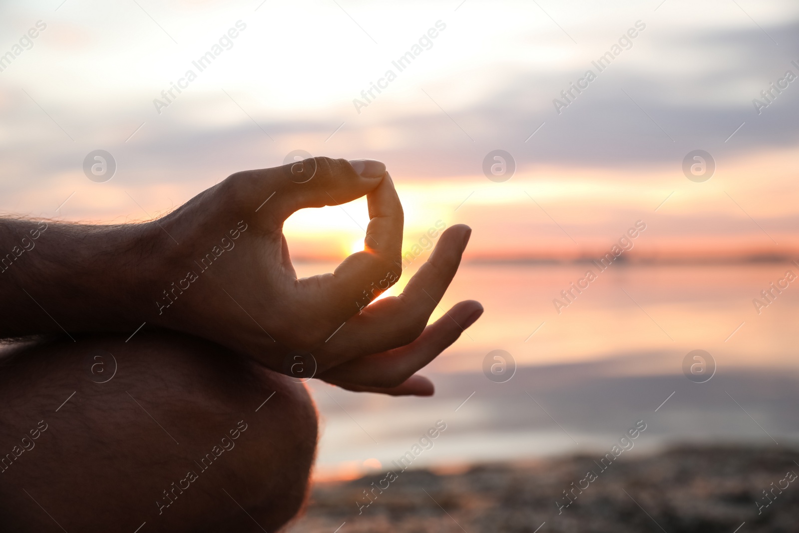Photo of Man near river at sunset, closeup view with space for text. Nature healing power