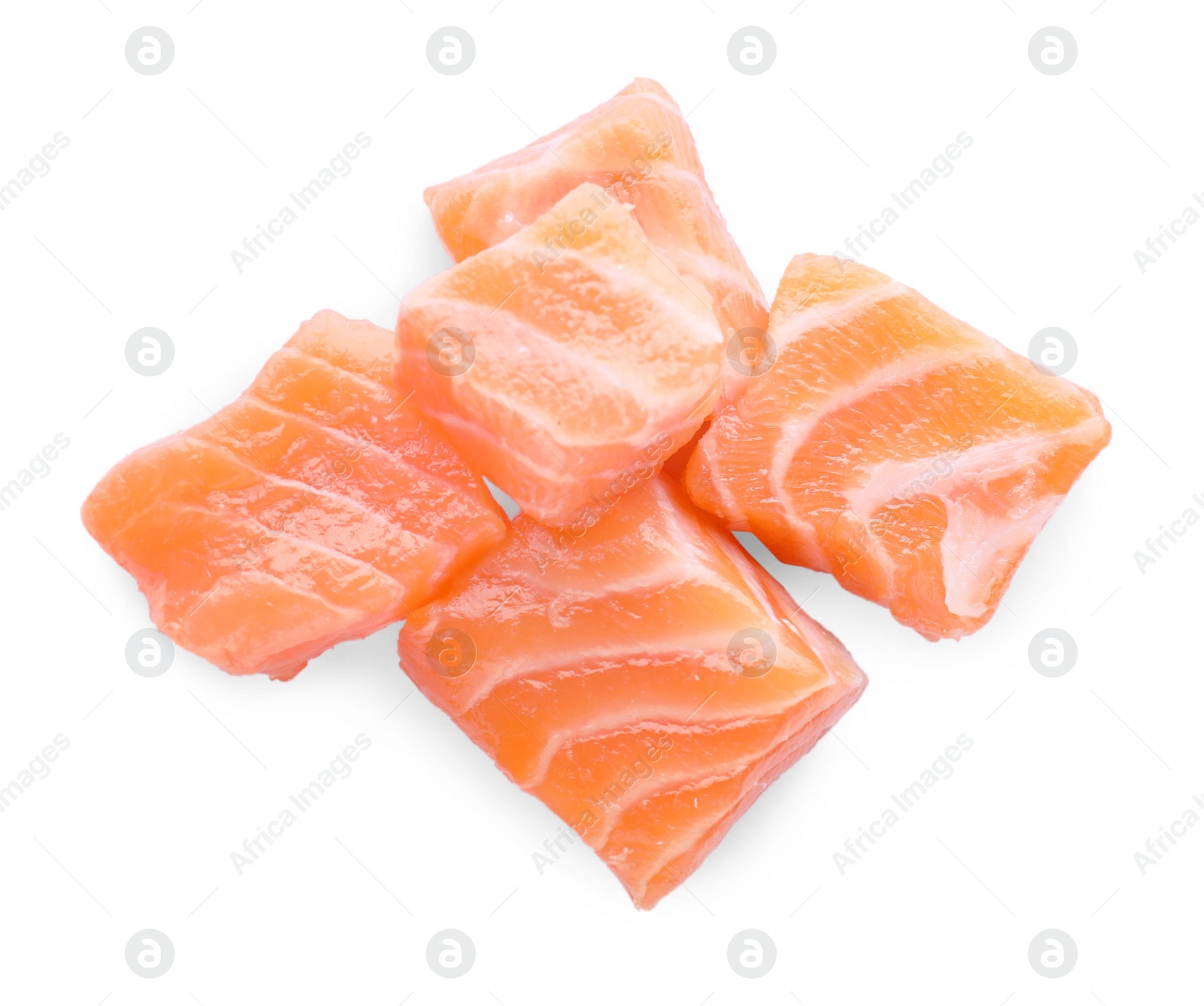 Photo of Pieces of fresh raw salmon on white background, top view