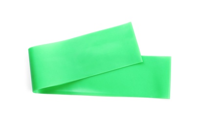 Photo of Green fitness elastic band isolated on white, top view