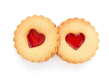 Photo of Traditional Christmas Linzer cookies with sweet jam on white background