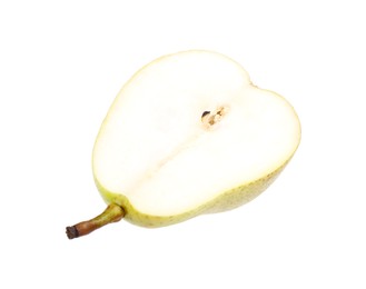 Photo of Half of ripe pear on white background