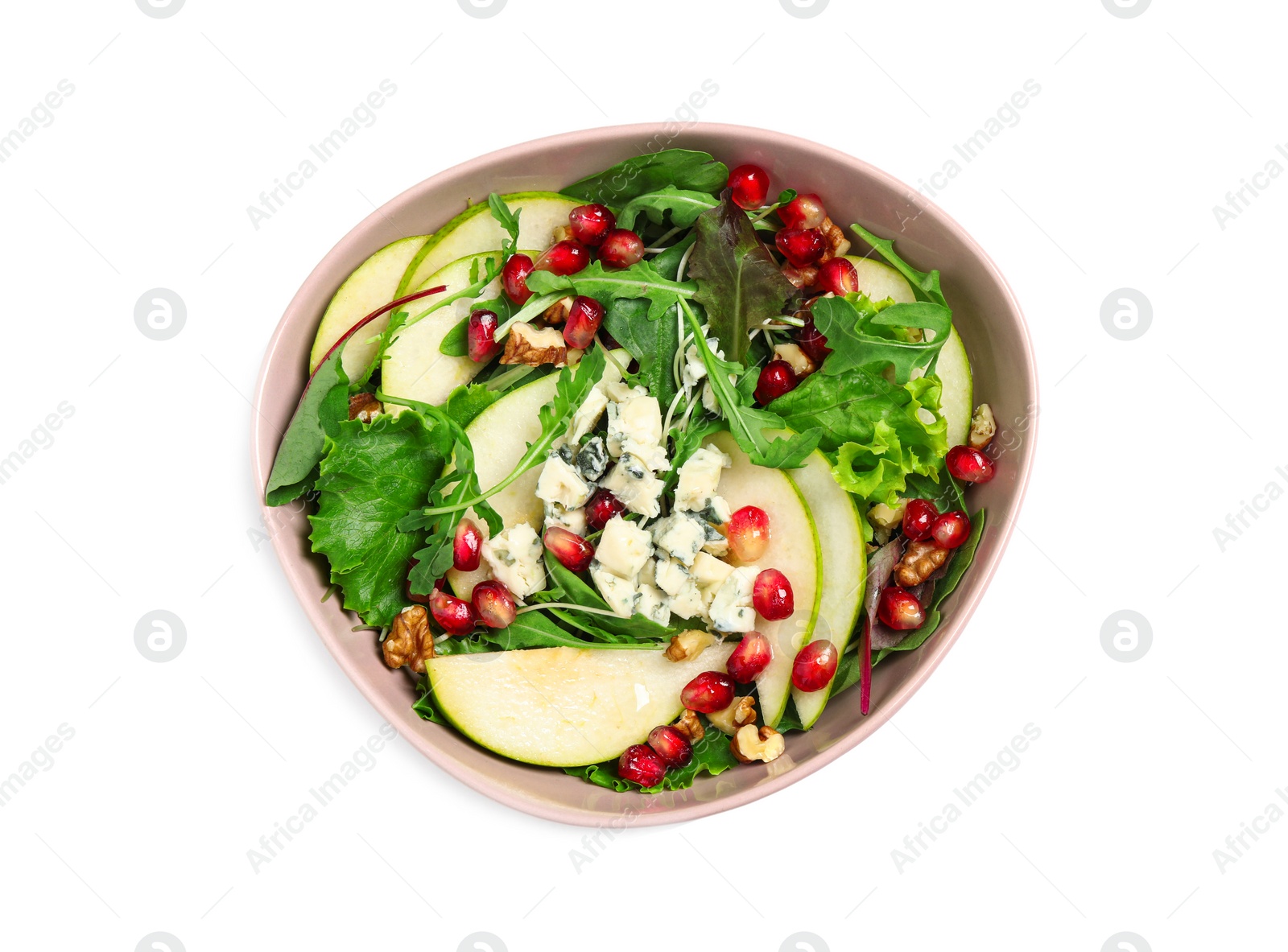 Photo of Tasty salad with pear slices and pomegranate seeds isolated on white, top view