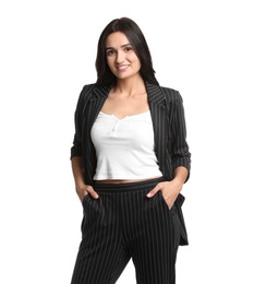 Photo of Beautiful woman in formal suit on white background. Business attire